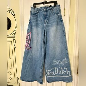 Von Dutch Light Blue Wide Leg Flared Jeans with Graphic Logos size 31